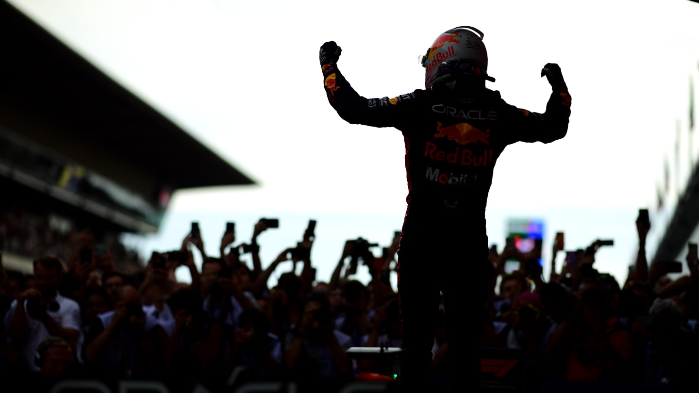 BARCELONA, SPAIN - JUNE 04: Race winner Max Verstappen of the Netherlands and Oracle Red Bull Racing celebrates in parc ferme during the F1 Grand Prix of Spain at Circuit de Barcelona-Catalunya on June 04, 2023 in Barcelona, Spain. (Photo by Mario Renzi - Formula 1/Formula 1 via Getty Images)