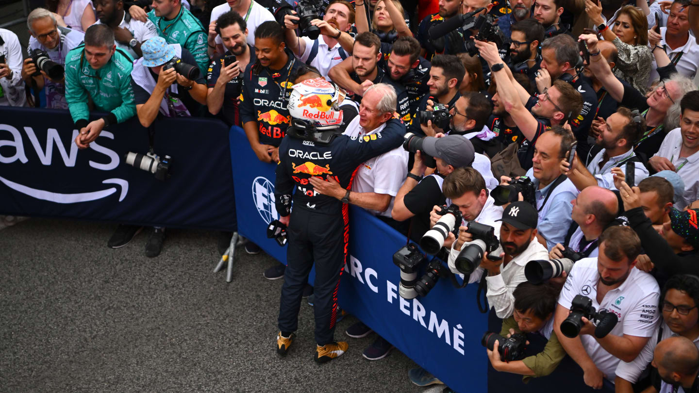 BARCELONA, SPAIN - JUNE 04: Race winner Max Verstappen of the Netherlands and Oracle Red Bull Racing celebrates with Red Bull Racing Team Consultant Dr Helmut Marko in parc ferme during the F1 Grand Prix of Spain at Circuit de Barcelona-Catalunya on June 04, 2023 in Barcelona, Spain. (Photo by Dan Mullan - Formula 1/Formula 1 via Getty Images)