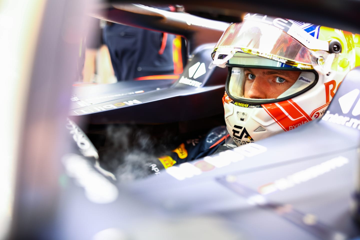 BARCELONA, SPAIN - JUNE 02: Max Verstappen of the Netherlands and Oracle Red Bull Racing prepares to drive in the garage during practice ahead of the F1 Grand Prix of Spain at Circuit de Barcelona-Catalunya on June 02, 2023 in Barcelona, Spain. (Photo by Mark Thompson/Getty Images)