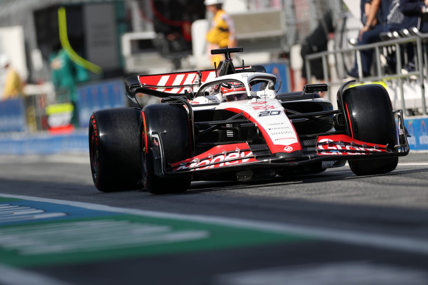 BARCELONA, SPAIN - JUNE 02: Kevin Magnussen of Denmark driving the (20) Haas F1 VF-23 Ferrari in the Pitlane during practice ahead of the F1 Grand Prix of Spain at Circuit de Barcelona-Catalunya on June 02, 2023 in Barcelona, Spain. (Photo by Peter Fox/Getty Images)