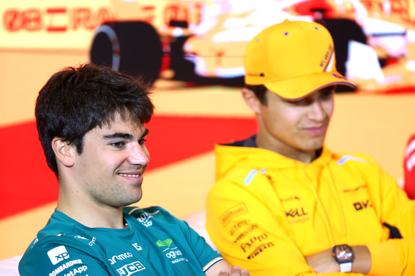 BARCELONA, SPAIN - JUNE 01: Lance Stroll of Canada and Aston Martin F1 Team and Lando Norris of Great Britain and McLaren attend the Drivers Press Conference during previews ahead of the F1 Grand Prix of Spain at Circuit de Barcelona-Catalunya on June 01, 2023 in Barcelona, Spain. (Photo by Dan Istitene/Getty Images)