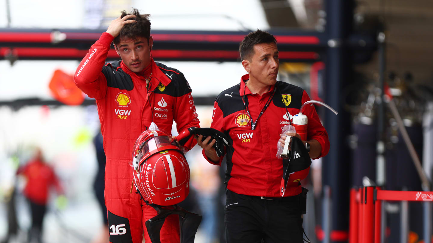 BARCELONA, SPAIN - JUNE 03: 19th Placed qualifier Charles Leclerc of Monaco and Ferrari walks in the Pitlane during qualifying ahead of the F1 Grand Prix of Spain at Circuit de Barcelona-Catalunya on June 03, 2023 in Barcelona, Spain. (Photo by Dan Istitene - Formula 1/Formula 1 via Getty Images)