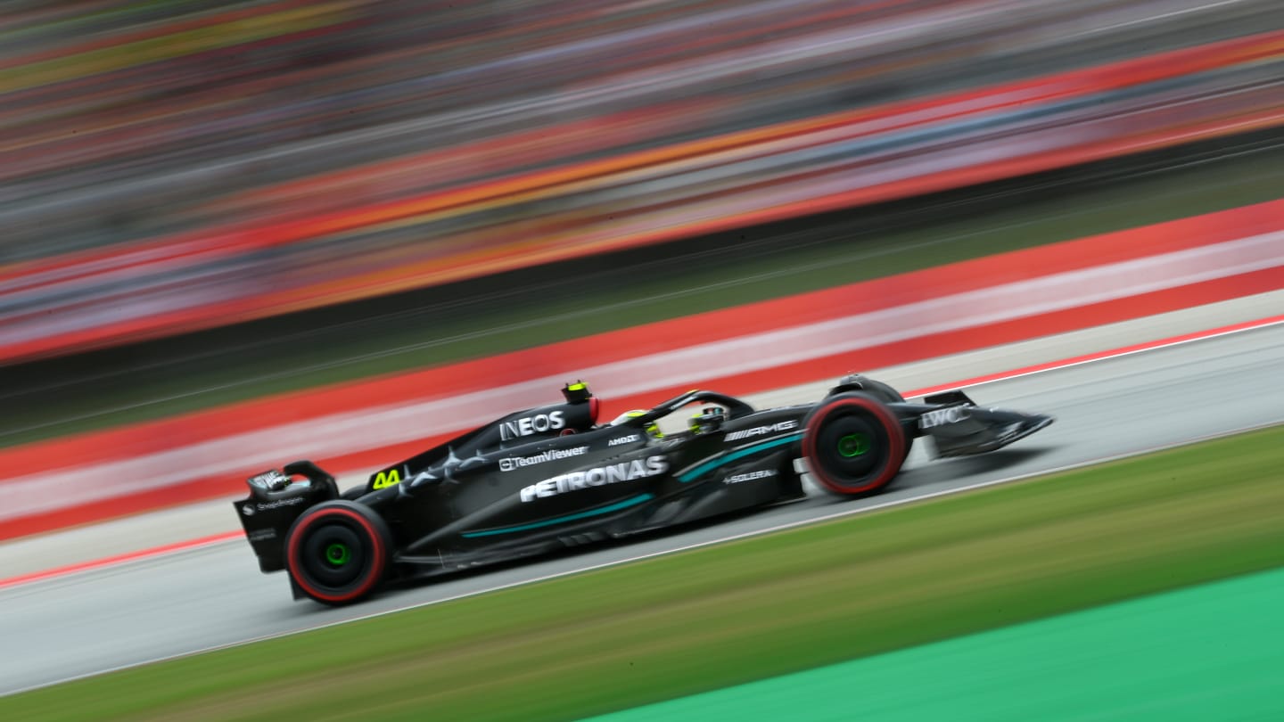 BARCELONA, SPAIN - JUNE 03: Lewis Hamilton of Great Britain driving the (44) Mercedes AMG Petronas F1 Team W14 on track during qualifying ahead of the F1 Grand Prix of Spain at Circuit de Barcelona-Catalunya on June 03, 2023 in Barcelona, Spain. (Photo by Dan Mullan - Formula 1/Formula 1 via Getty Images)