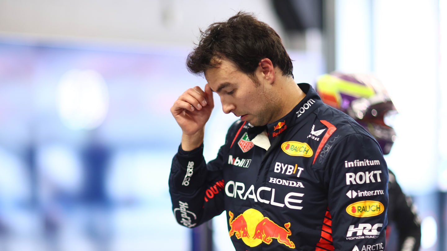 BARCELONA, SPAIN - JUNE 03: 11th Placed qualifier Sergio Perez of Mexico and Oracle Red Bull Racing reacts in the garage during qualifying ahead of the F1 Grand Prix of Spain at Circuit de Barcelona-Catalunya on June 03, 2023 in Barcelona, Spain. (Photo by Dan Istitene - Formula 1/Formula 1 via Getty Images)