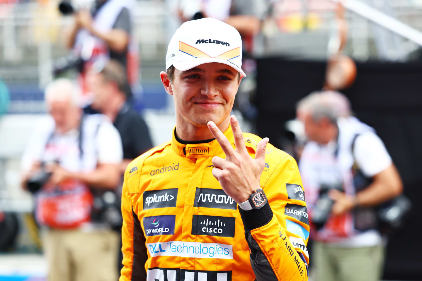 BARCELONA, SPAIN - JUNE 03: Third placed qualifier Lando Norris of Great Britain and McLaren celebrates in parc ferme during qualifying ahead of the F1 Grand Prix of Spain at Circuit de Barcelona-Catalunya on June 03, 2023 in Barcelona, Spain. (Photo by Mark Thompson/Getty Images)