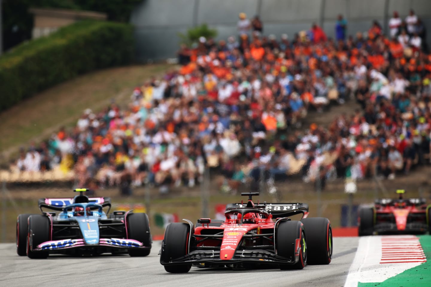 BARCELONA, SPAIN - JUNE 03: Charles Leclerc of Monaco driving the (16) Ferrari SF-23 leads Pierre