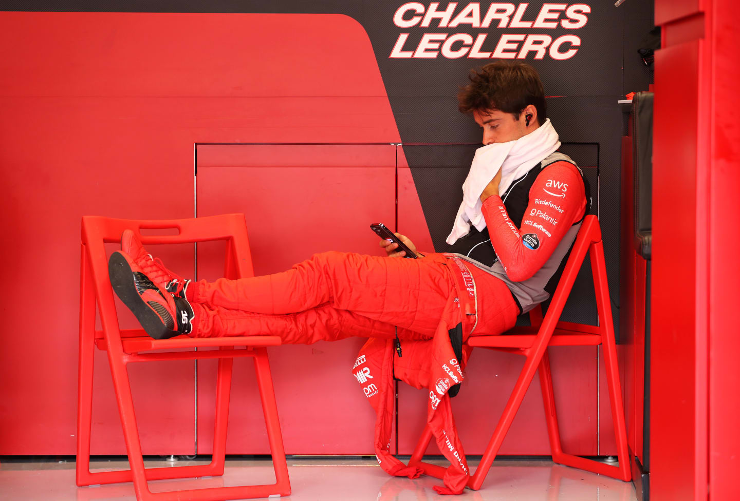 ZANDVOORT, NETHERLANDS - AUGUST 27: Charles Leclerc of Monaco and Ferrari prepares to drive in the garage prior to the F1 Grand Prix of The Netherlands at Circuit Zandvoort on August 27, 2023 in Zandvoort, Netherlands. (Photo by Peter Fox/Getty Images)