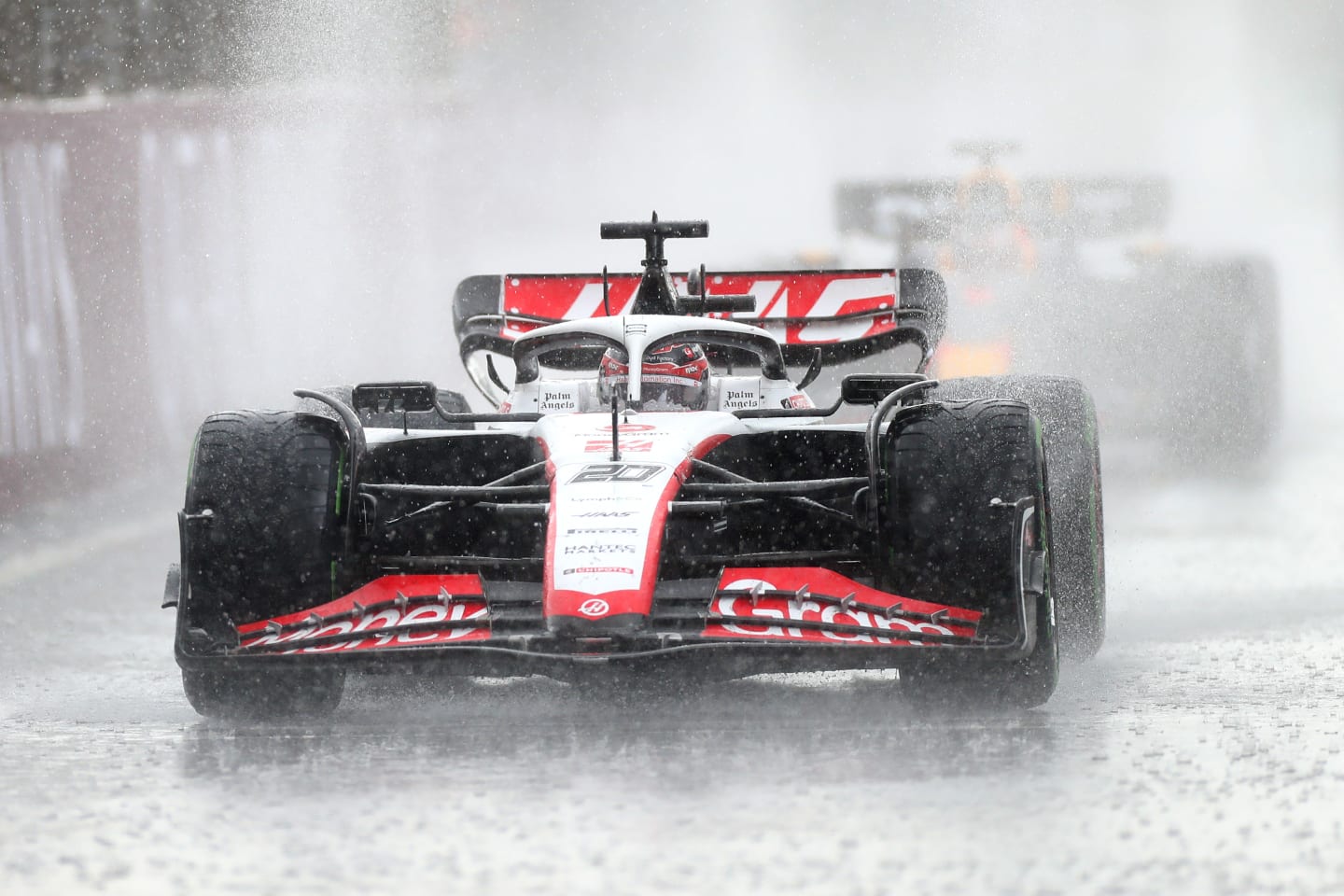 ZANDVOORT, NETHERLANDS - AUGUST 27: Kevin Magnussen of Denmark driving the (20) Haas F1 VF-23 Ferrari in the Pitlane in the rain during the F1 Grand Prix of The Netherlands at Circuit Zandvoort on August 27, 2023 in Zandvoort, Netherlands. (Photo by Peter Fox/Getty Images)