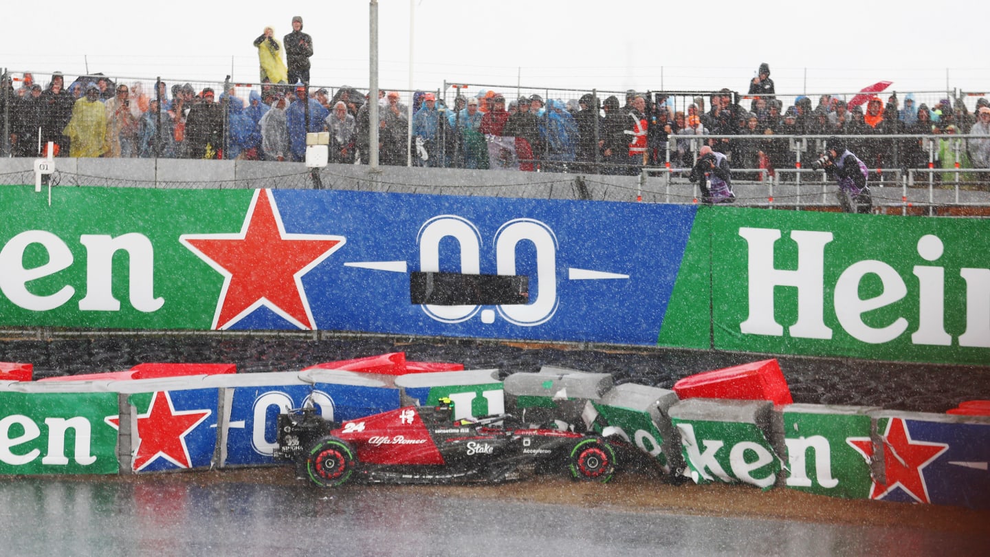 ZANDVOORT, NETHERLANDS - AUGUST 27: Zhou Guanyu of China driving the (24) Alfa Romeo F1 C43 Ferrari crashes leading to a red flag delay during the F1 Grand Prix of The Netherlands at Circuit Zandvoort on August 27, 2023 in Zandvoort, Netherlands. (Photo by Bryn Lennon - Formula 1/Formula 1 via Getty Images)