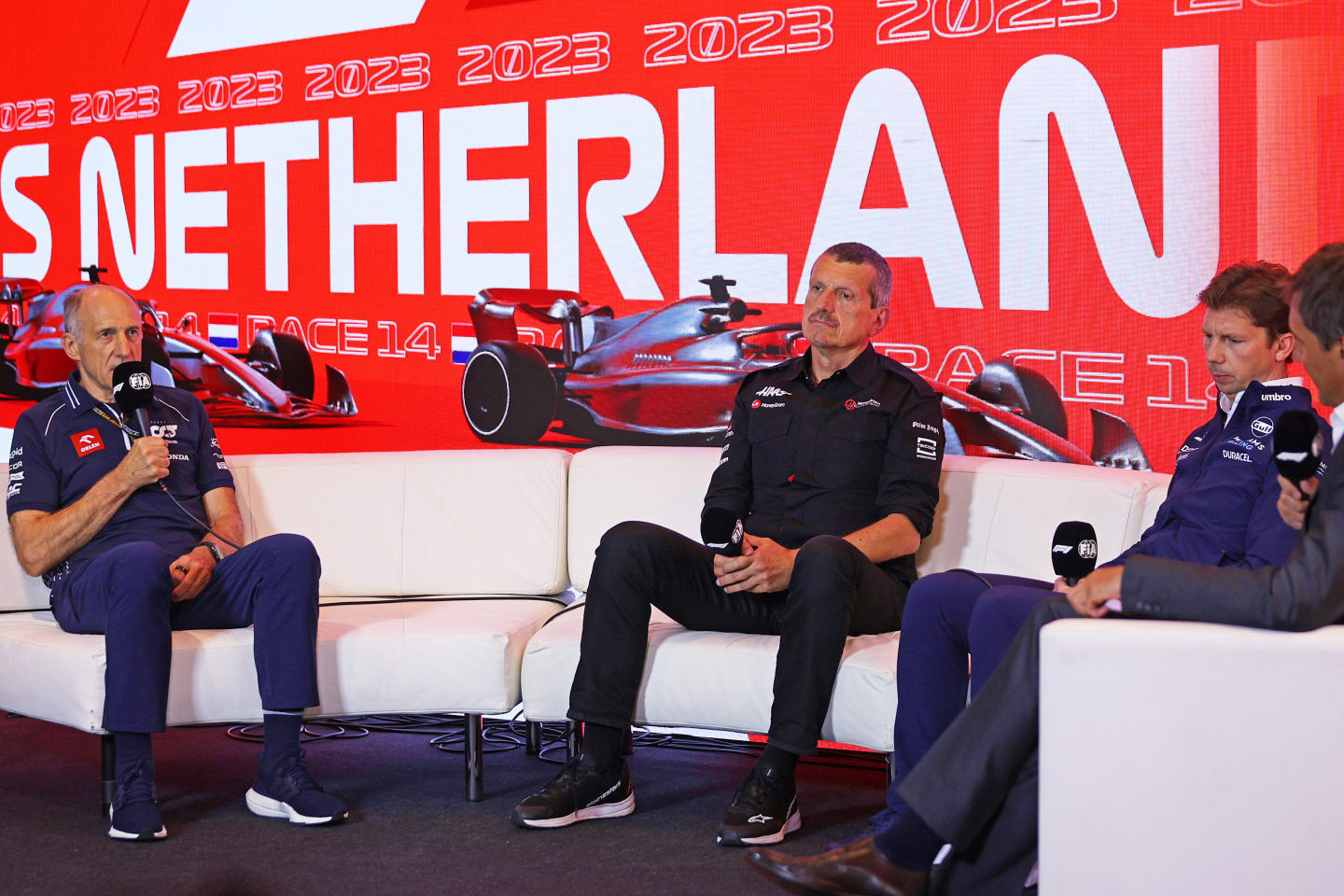 ZANDVOORT, NETHERLANDS - AUGUST 25: Scuderia AlphaTauri Team Principal Franz Tost, Haas F1 Team Principal Guenther Steiner and James Vowles, Team Principal of Williams attend the Team Principals Press Conference during practice ahead of the F1 Grand Prix of The Netherlands at Circuit Zandvoort on August 25, 2023 in Zandvoort, Netherlands. (Photo by Dean Mouhtaropoulos/Getty Images)