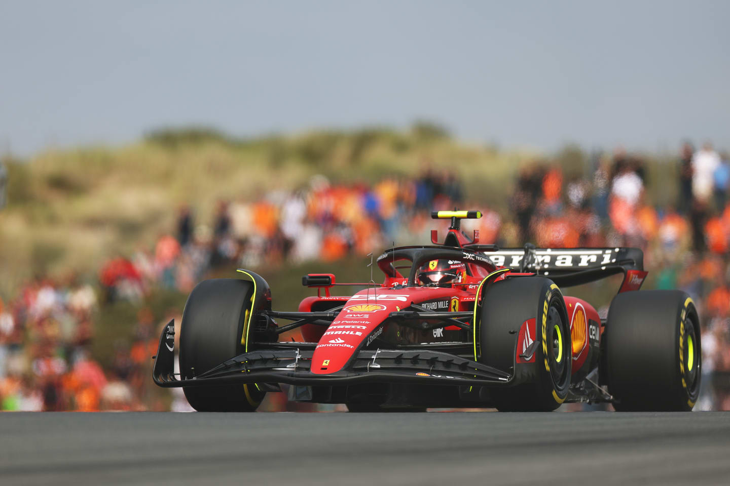ZANDVOORT, NETHERLANDS - AUGUST 25: Carlos Sainz of Spain driving (55) the Ferrari SF-23 on track during practice ahead of the F1 Grand Prix of The Netherlands at Circuit Zandvoort on August 25, 2023 in Zandvoort, Netherlands. (Photo by Lars Baron/Getty Images)
