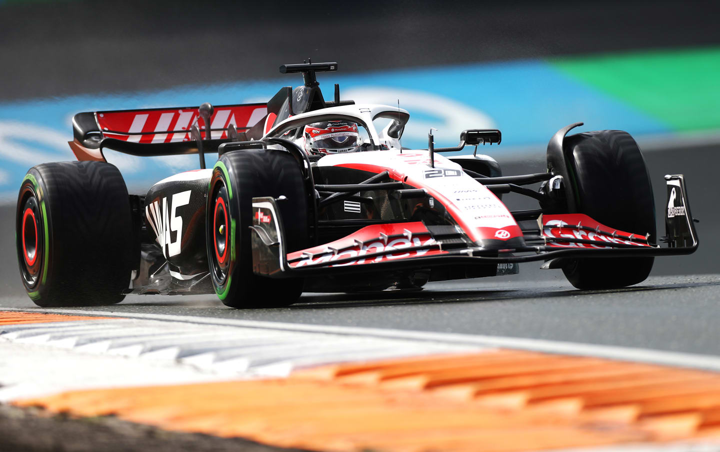 ZANDVOORT, NETHERLANDS - AUGUST 26: Kevin Magnussen of Denmark driving the (20) Haas F1 VF-23 Ferrari on track during qualifying ahead of the F1 Grand Prix of The Netherlands at Circuit Zandvoort on August 26, 2023 in Zandvoort, Netherlands. (Photo by Peter Fox/Getty Images)