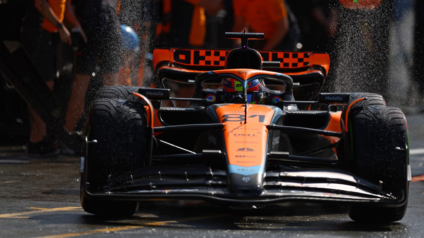 ZANDVOORT, NETHERLANDS - AUGUST 26: Oscar Piastri of Australia driving the (81) McLaren MCL60 Mercedes makes a pitstop during qualifying ahead of the F1 Grand Prix of The Netherlands at Circuit Zandvoort on August 26, 2023 in Zandvoort, Netherlands. (Photo by Bryn Lennon - Formula 1/Formula 1 via Getty Images)
