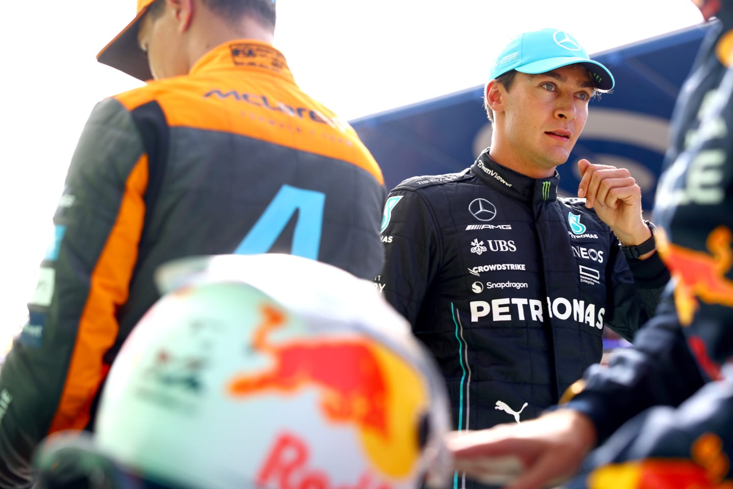 ZANDVOORT, NETHERLANDS - AUGUST 26: Third placed qualifier George Russell of Great Britain and Mercedes looks on in parc ferme during qualifying ahead of the F1 Grand Prix of The Netherlands at Circuit Zandvoort on August 26, 2023 in Zandvoort, Netherlands. (Photo by Mark Thompson/Getty Images)