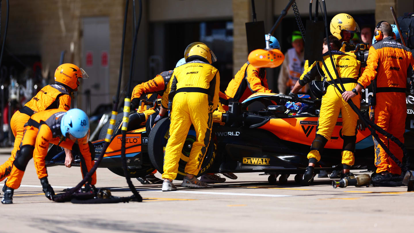 AUSTIN, TEXAS - OCTOBER 22: Oscar Piastri of Australia and McLaren retires from the race during the F1 Grand Prix of United States at Circuit of The Americas on October 22, 2023 in Austin, Texas. (Photo by Dan Istitene - Formula 1/Formula 1 via Getty Images)