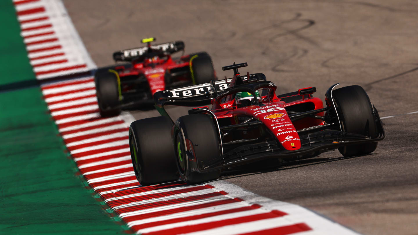 AUSTIN, TEXAS - OCTOBER 22: Charles Leclerc of Monaco driving the (16) Ferrari SF-23 leads Carlos Sainz of Spain driving (55) the Ferrari SF-23 on track during the F1 Grand Prix of United States at Circuit of The Americas on October 22, 2023 in Austin, Texas. (Photo by Jared C. Tilton - Formula 1/Formula 1 via Getty Images)