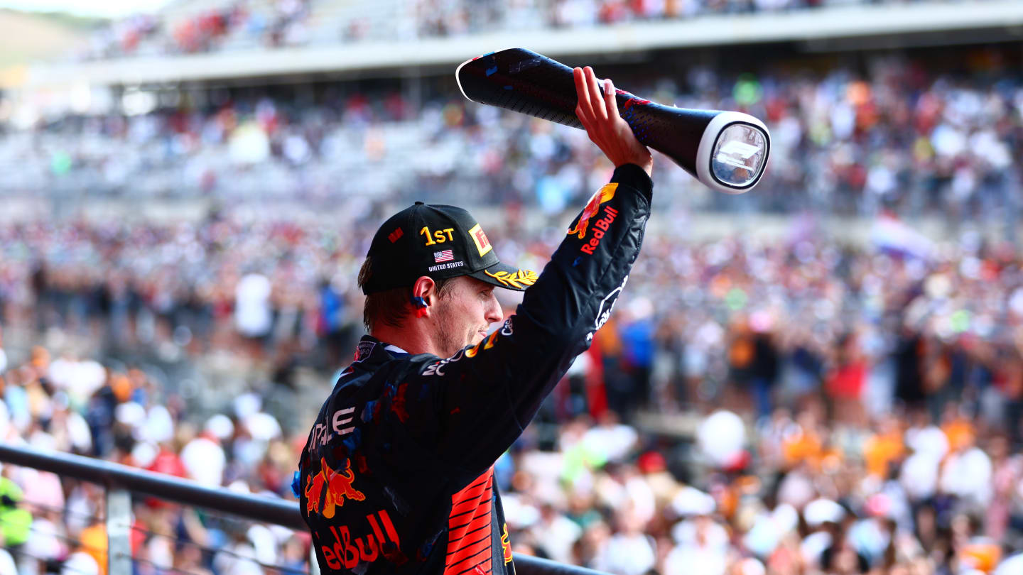AUSTIN, TEXAS - OCTOBER 22: Race winner Max Verstappen of the Netherlands and Oracle Red Bull Racing celebrates on the podium following the F1 Grand Prix of United States at Circuit of The Americas on October 22, 2023 in Austin, Texas. (Photo by Dan Istitene - Formula 1/Formula 1 via Getty Images)