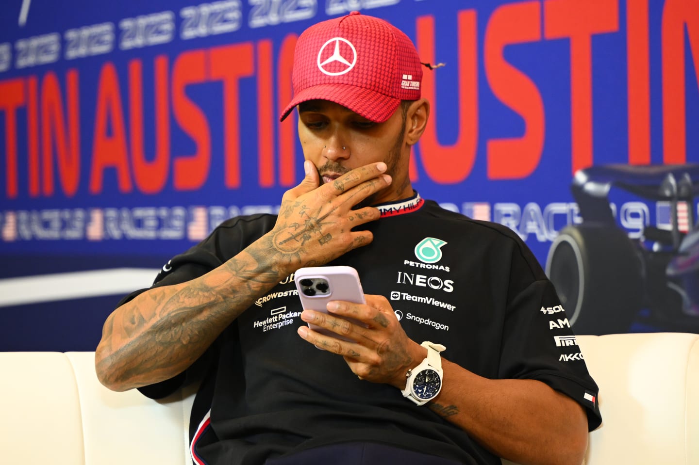 AUSTIN, TEXAS - OCTOBER 22: Second placed Lewis Hamilton of Great Britain and Mercedes talks in a