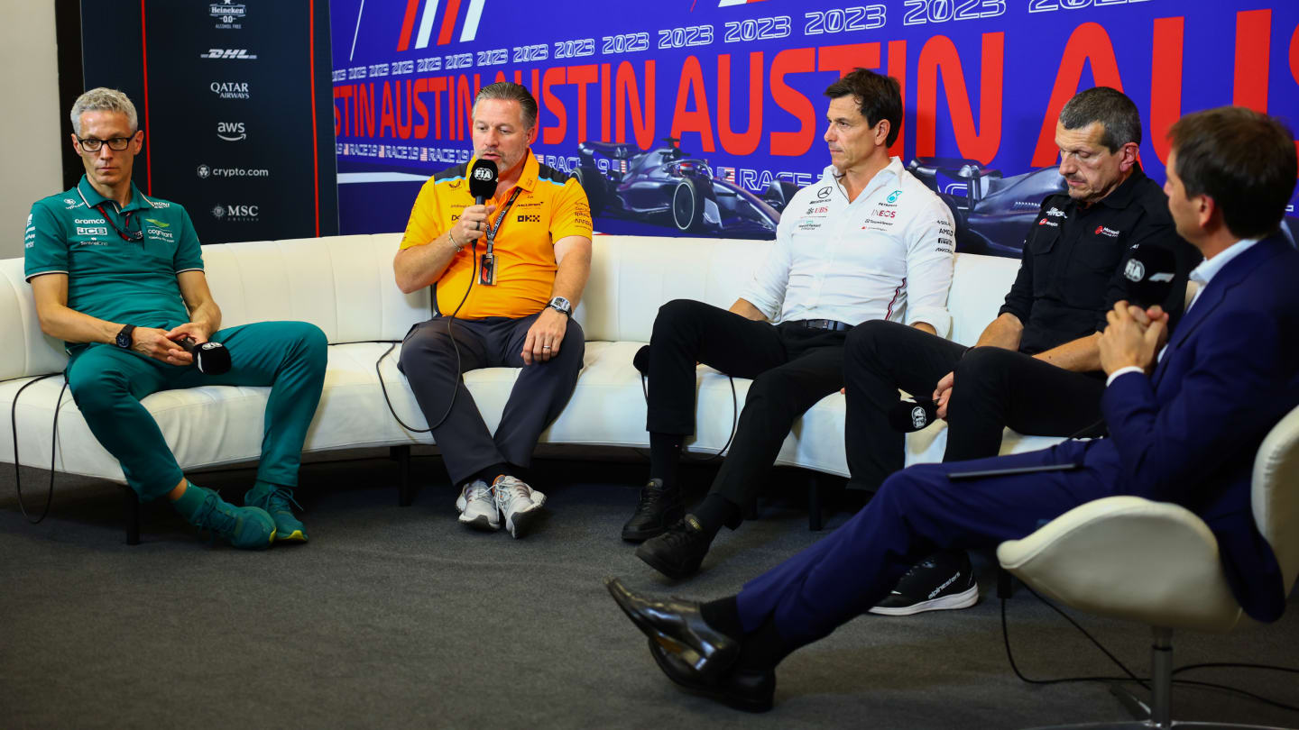 AUSTIN, TEXAS - OCTOBER 20: McLaren Chief Executive Officer Zak Brown talks in a team principals
