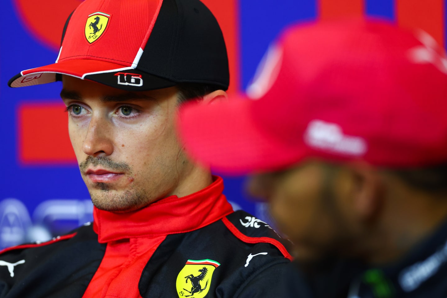 AUSTIN, TEXAS - OCTOBER 20: Pole position qualifier Charles Leclerc of Monaco and Ferrari talks in a press conference after qualifying ahead of the F1 Grand Prix of United States at Circuit of The Americas on October 20, 2023 in Austin, Texas. (Photo by Dan Istitene/Getty Images)