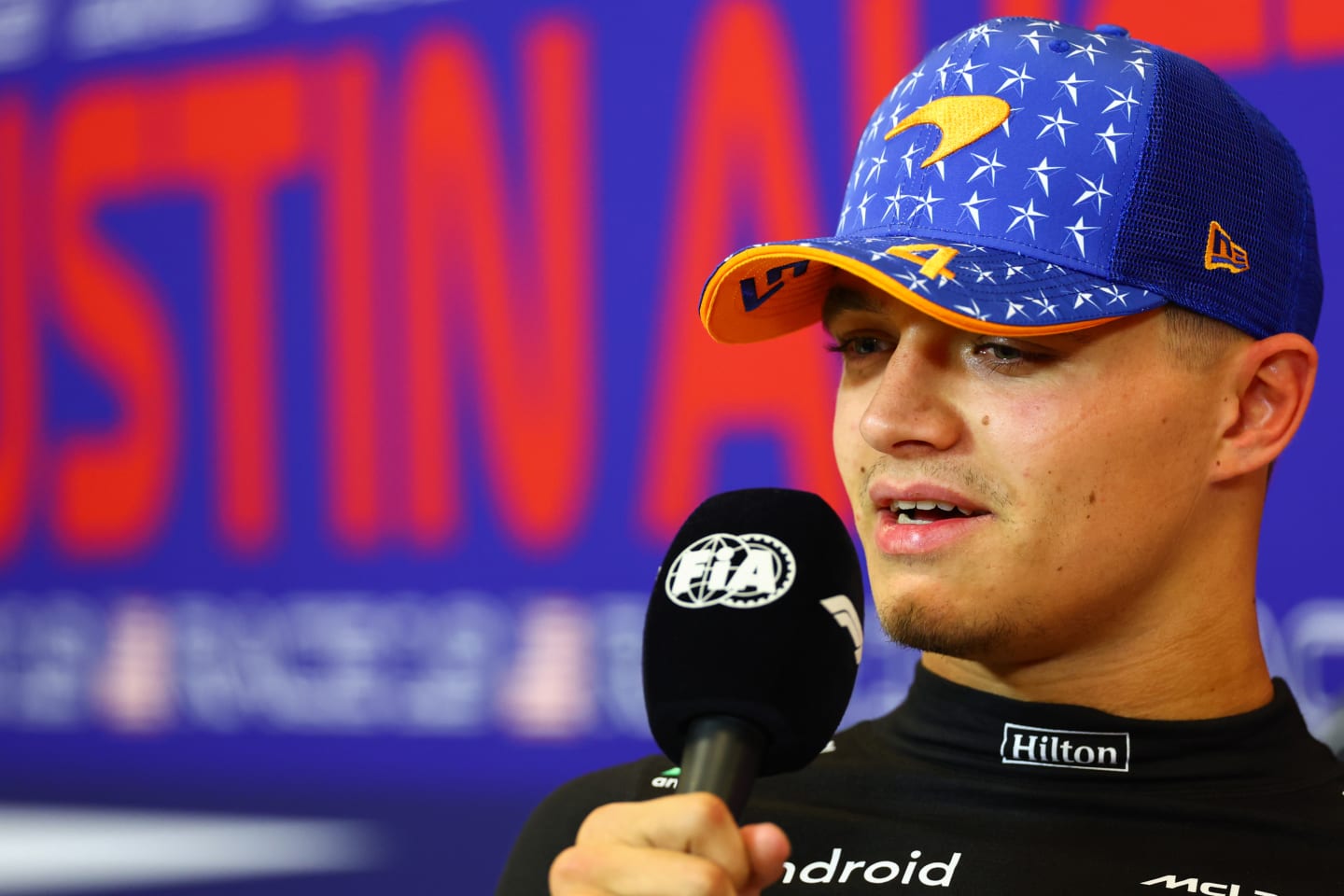 AUSTIN, TEXAS - OCTOBER 20: Second placed qualifier Lando Norris of Great Britain and McLaren talks in a press conference after qualifying ahead of the F1 Grand Prix of United States at Circuit of The Americas on October 20, 2023 in Austin, Texas. (Photo by Dan Istitene/Getty Images)