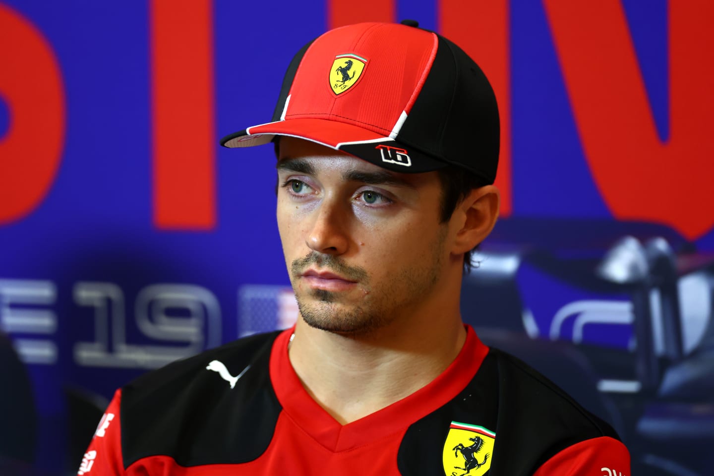 AUSTIN, TEXAS - OCTOBER 19: Charles Leclerc of Monaco and Ferrari attends the Drivers Press Conference during previews ahead of the F1 Grand Prix of United States at Circuit of The Americas on October 19, 2023 in Austin, Texas. (Photo by Dan Istitene/Getty Images)