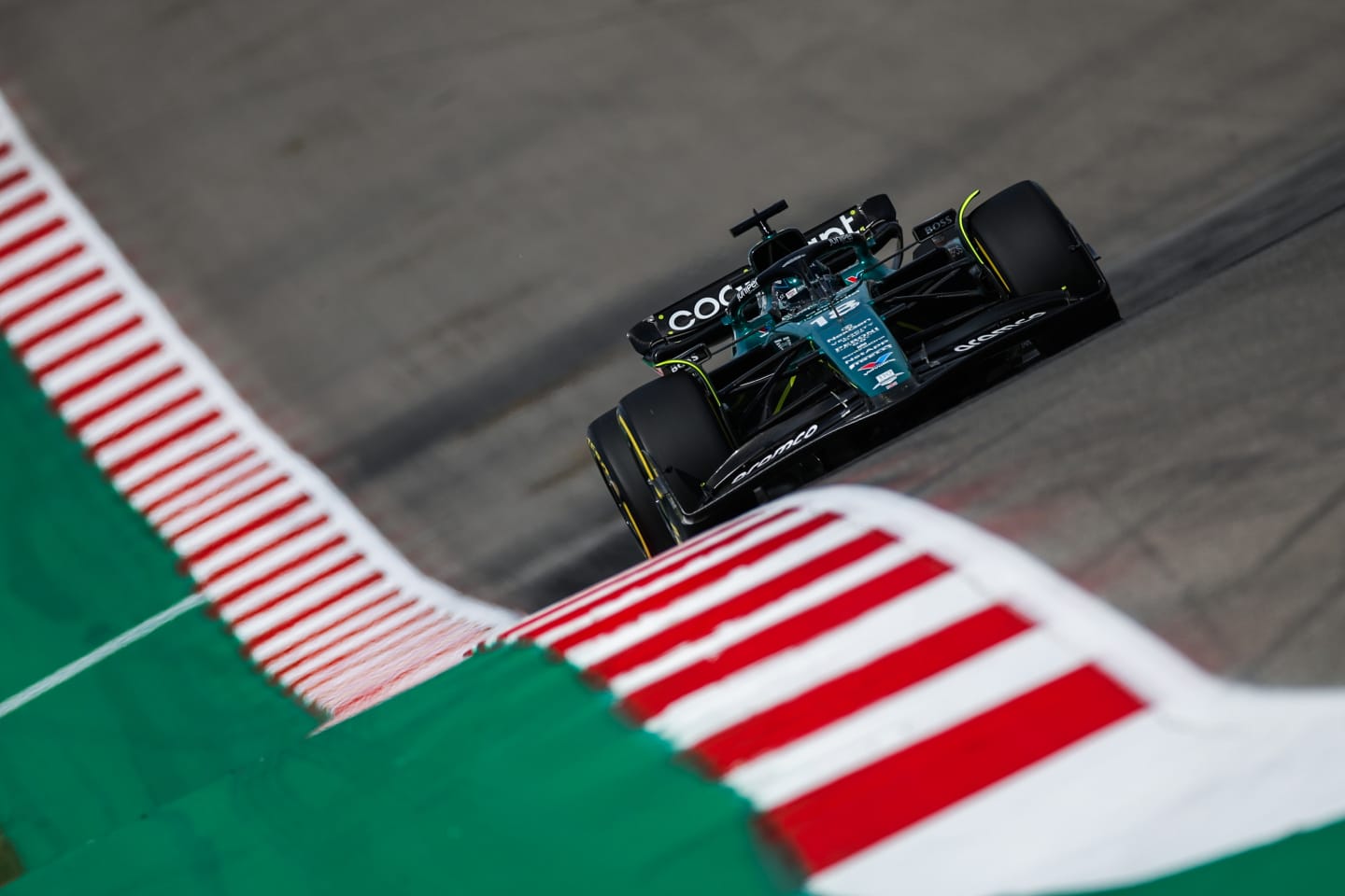 AUSTIN, TEXAS - OCTOBER 21: Lance Stroll of Canada driving the (18) Aston Martin AMR23 Mercedes on track during the Sprint Shootout ahead of the F1 Grand Prix of United States at Circuit of The Americas on October 21, 2023 in Austin, Texas. (Photo by Jared C. Tilton - Formula 1/Formula 1 via Getty Images)