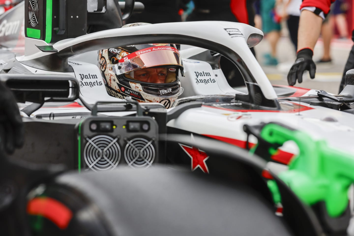 AUSTIN, TEXAS - OCTOBER 21: Kevin Magnussen of Denmark and Haas F1 prepares to drive on the grid prior to the Sprint ahead of the F1 Grand Prix of United States at Circuit of The Americas on October 21, 2023 in Austin, Texas. (Photo by Chris Graythen/Getty Images)