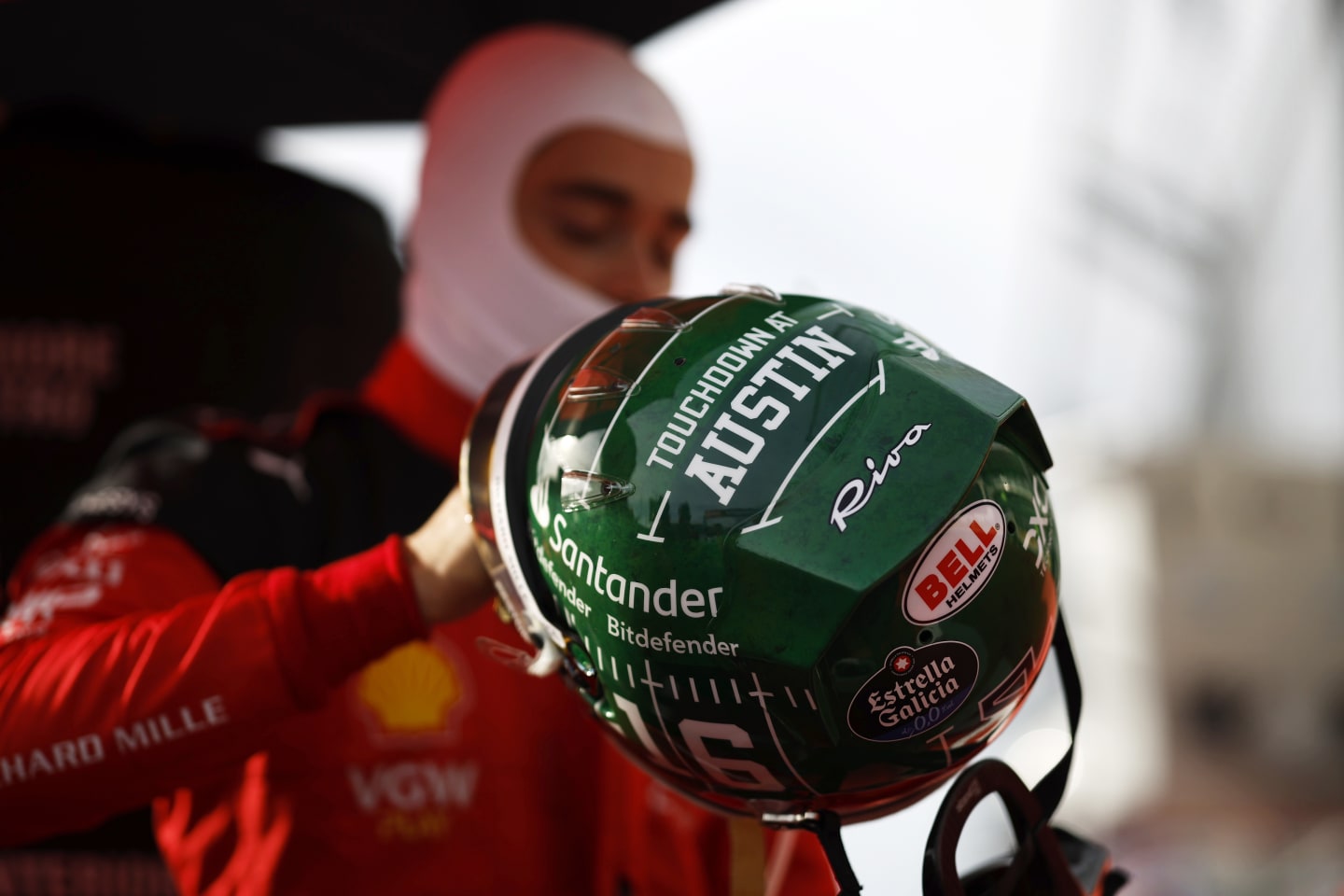 AUSTIN, TEXAS - OCTOBER 21: A detailed view of the race helmet of Charles Leclerc of Monaco and Ferrari as he prepares to drive on the grid prior to the Sprint ahead of the F1 Grand Prix of United States at Circuit of The Americas on October 21, 2023 in Austin, Texas. (Photo by Chris Graythen/Getty Images)
