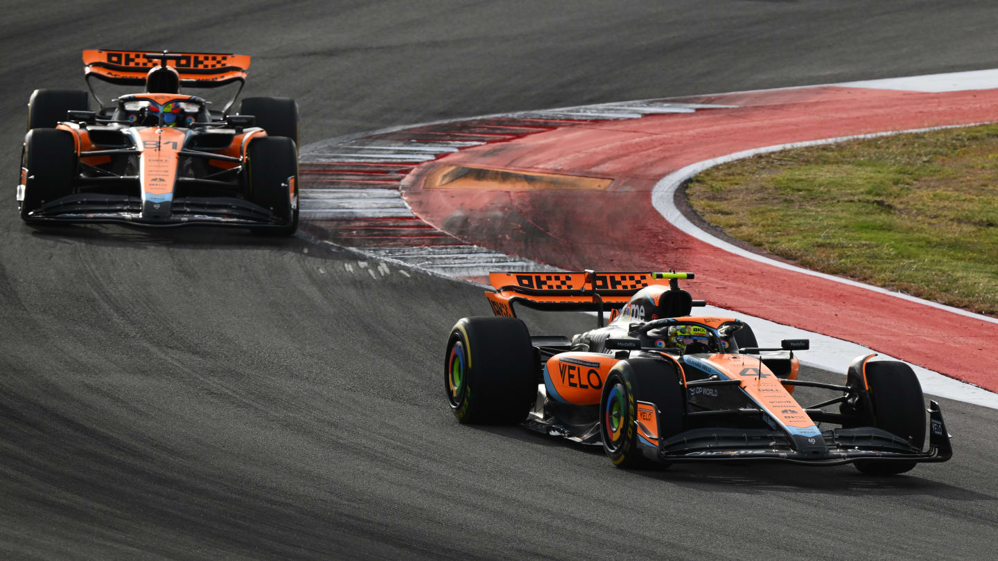 AUSTIN, TEXAS - OCTOBER 21: Lando Norris of Great Britain driving the (4) McLaren MCL60 Mercedes leads Oscar Piastri of Australia driving the (81) McLaren MCL60 Mercedes during the Sprint ahead of the F1 Grand Prix of United States at Circuit of The Americas on October 21, 2023 in Austin, Texas. (Photo by Clive Mason - Formula 1/Formula 1 via Getty Images)