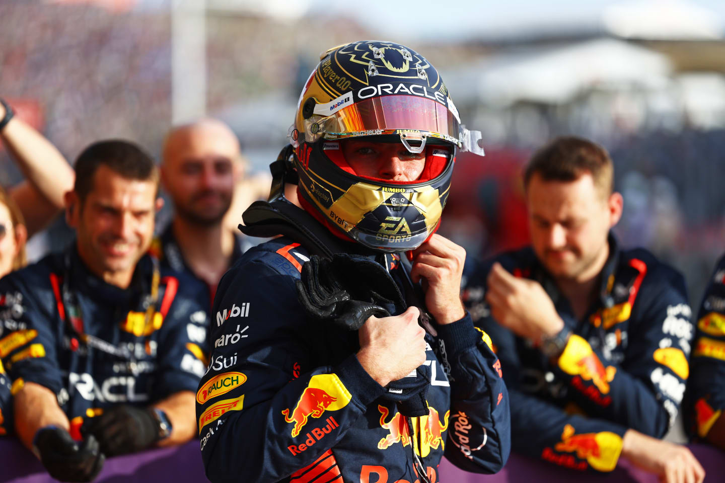 AUSTIN, TEXAS - OCTOBER 21: Sprint winner Max Verstappen of the Netherlands and Oracle Red Bull Racing celebrates in parc ferme during the Sprint ahead of the F1 Grand Prix of United States at Circuit of The Americas on October 21, 2023 in Austin, Texas. (Photo by Mark Thompson/Getty Images)