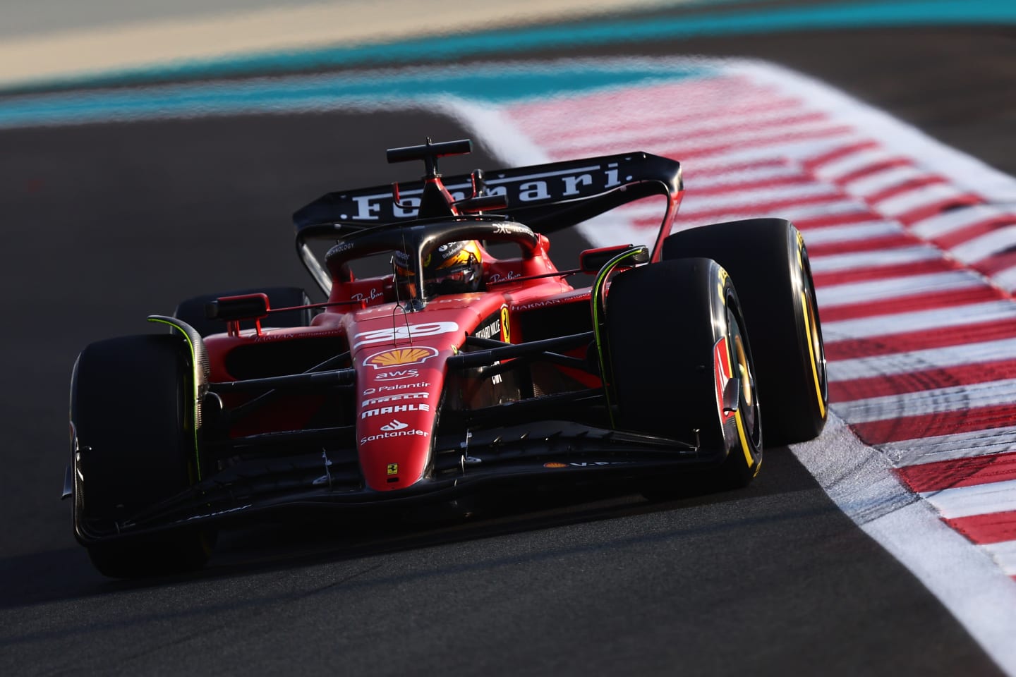 Robert Shwartzman driving the Ferrari SF-23 on track during the Abu Dhabi test
