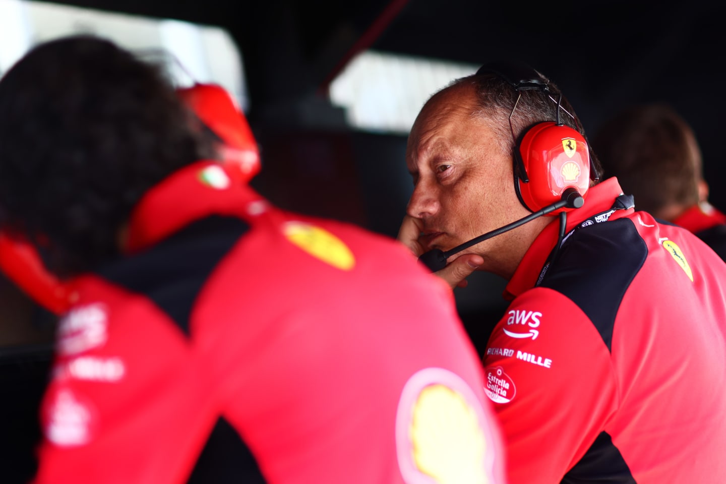 BAHRAIN, BAHRAIN - FEBRUARY 24: Ferrari Team Principal Frederic Vasseur looks on from the pitwall
