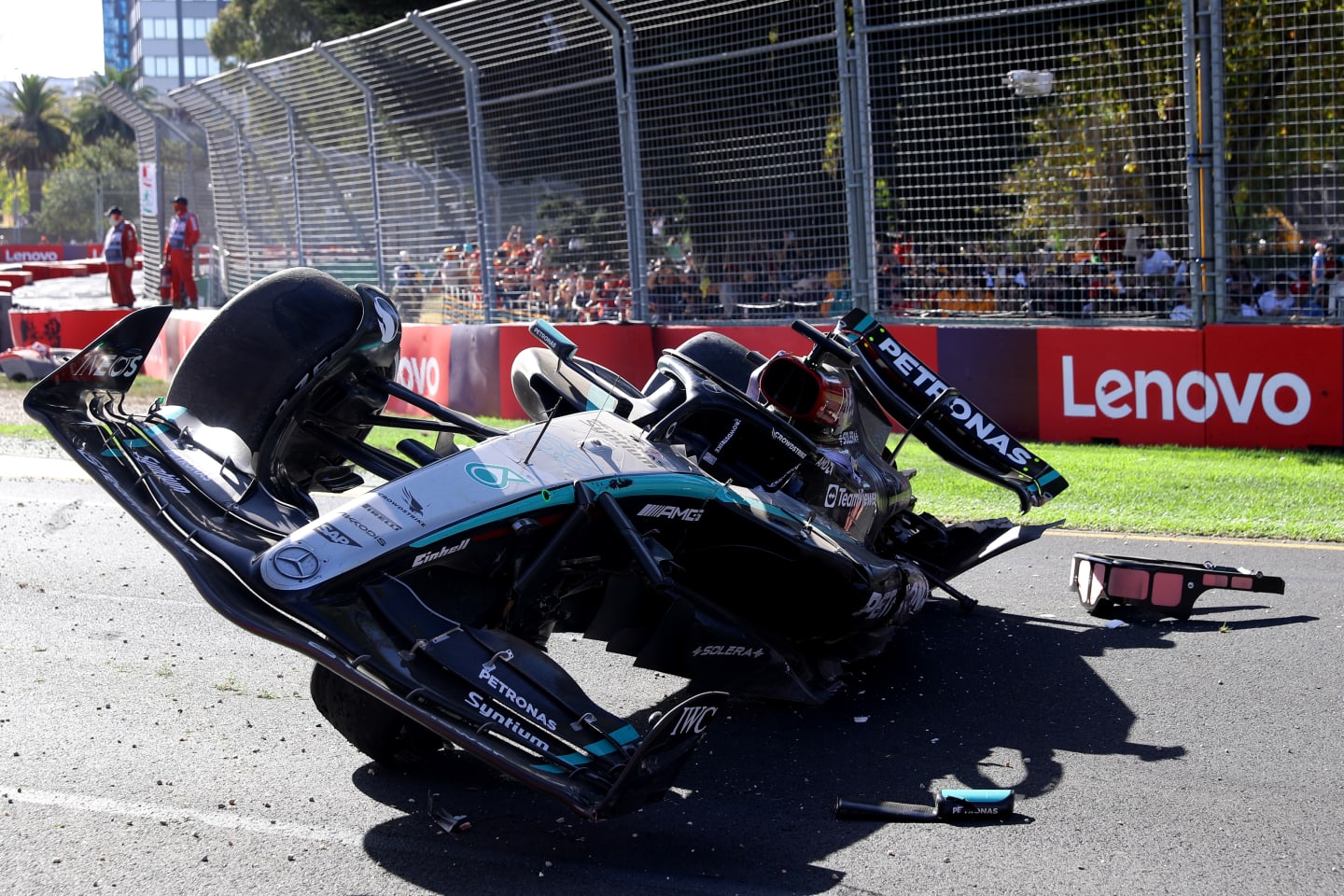 MELBOURNE, AUSTRALIA - MARCH 24: The car of George Russell of Great Britain and Mercedes is seen on track after he crashed during the F1 Grand Prix of Australia at Albert Park Circuit on March 24, 2024 in Melbourne, Australia. (Photo by Joe Portlock - Formula 1/Formula 1 via Getty Images)