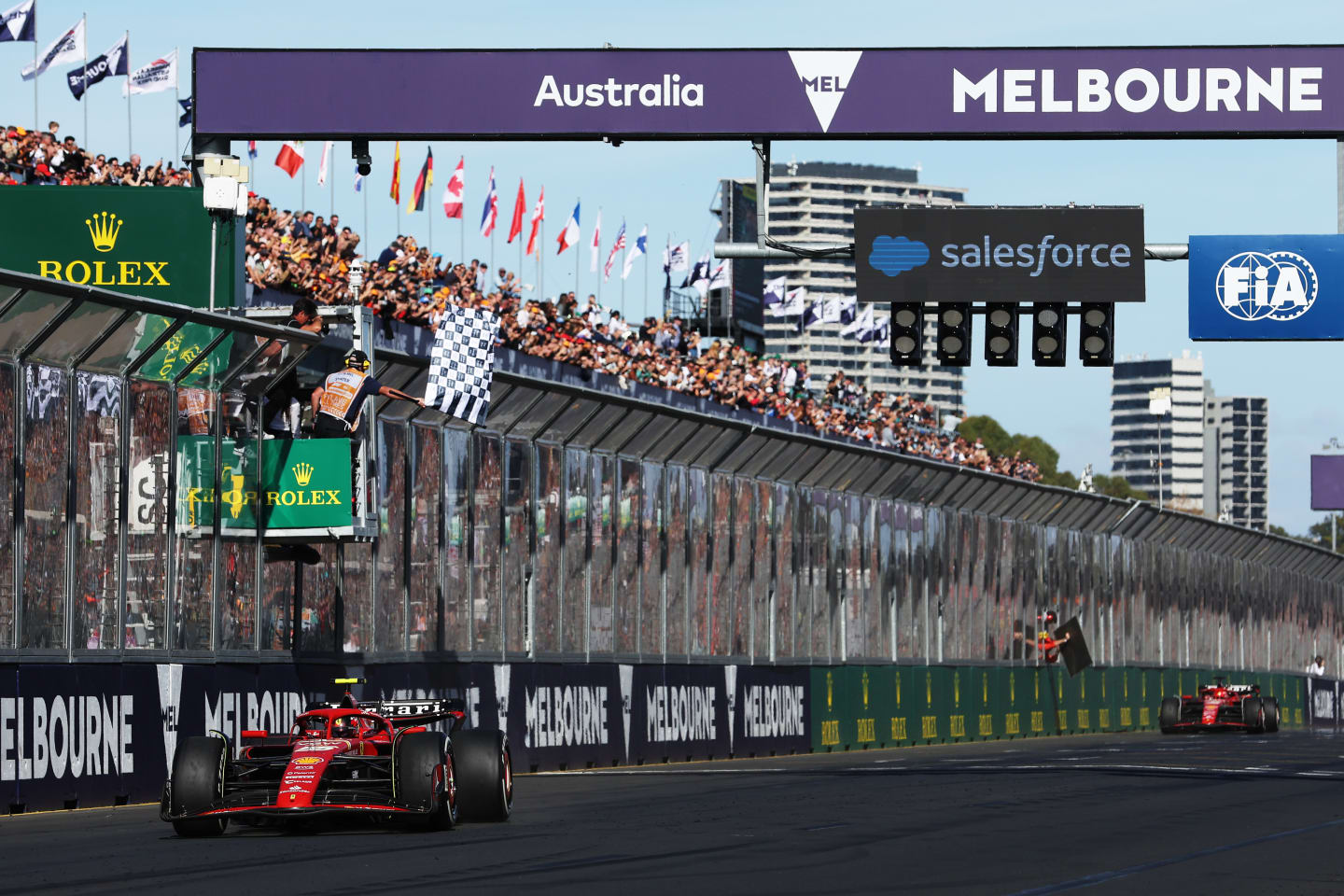 MELBOURNE, AUSTRALIA - MARCH 24: Race winner Carlos Sainz of Spain driving (55) the Ferrari SF-24