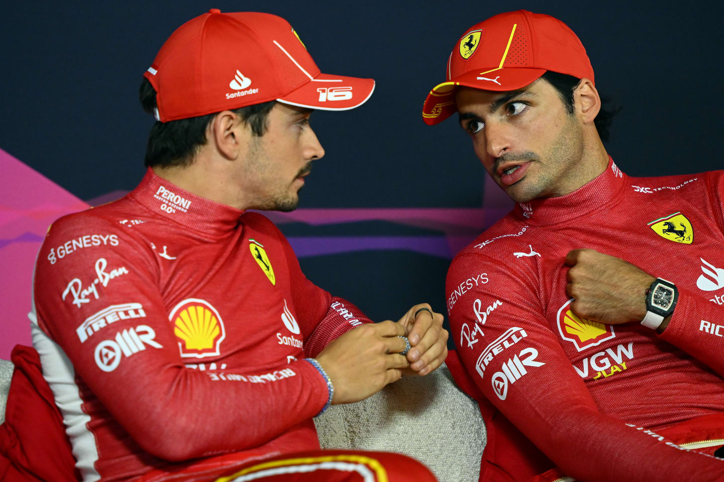 MELBOURNE, AUSTRALIA - MARCH 24: Race winner Carlos Sainz of Spain and Ferrari and Second placed Charles Leclerc of Monaco and Ferrari attend the press conference after the F1 Grand Prix of Australia at Albert Park Circuit on March 24, 2024 in Melbourne, Australia. (Photo by Clive Mason/Getty Images)