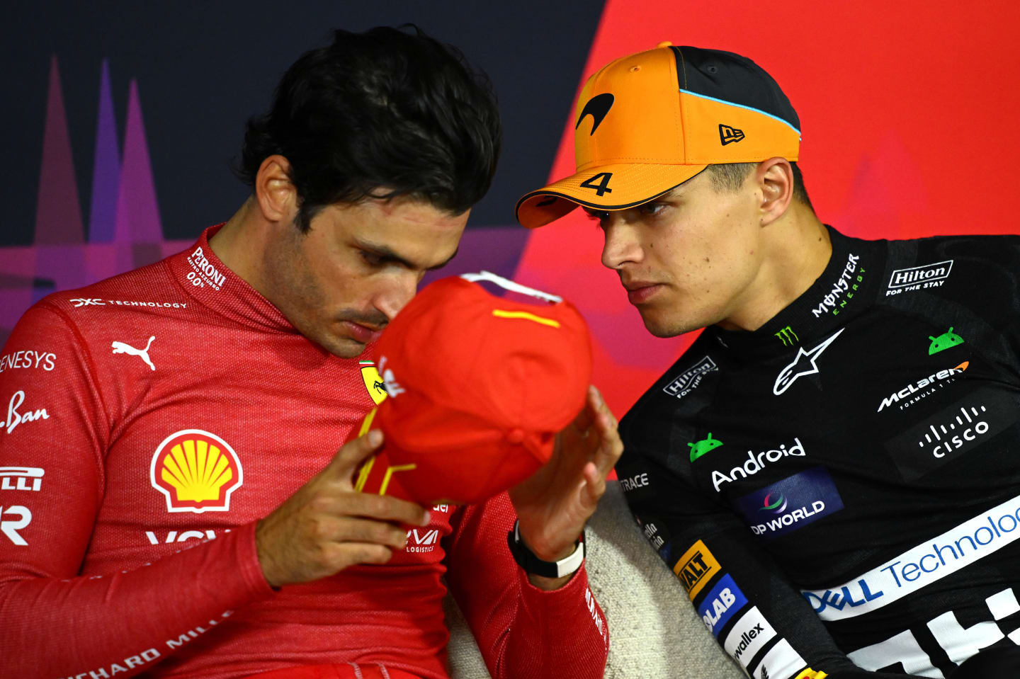 MELBOURNE, AUSTRALIA - MARCH 24: Race winner Carlos Sainz of Spain and Ferrari and Third placed Lando Norris of Great Britain and McLaren attend the press conference after the F1 Grand Prix of Australia at Albert Park Circuit on March 24, 2024 in Melbourne, Australia. (Photo by Clive Mason/Getty Images)