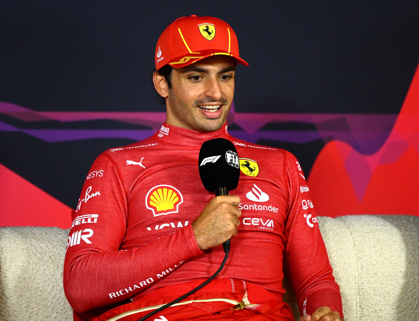 MELBOURNE, AUSTRALIA - MARCH 24: Race winner Carlos Sainz of Spain and Ferrari attends the press conference after the F1 Grand Prix of Australia at Albert Park Circuit on March 24, 2024 in Melbourne, Australia. (Photo by Clive Mason/Getty Images)