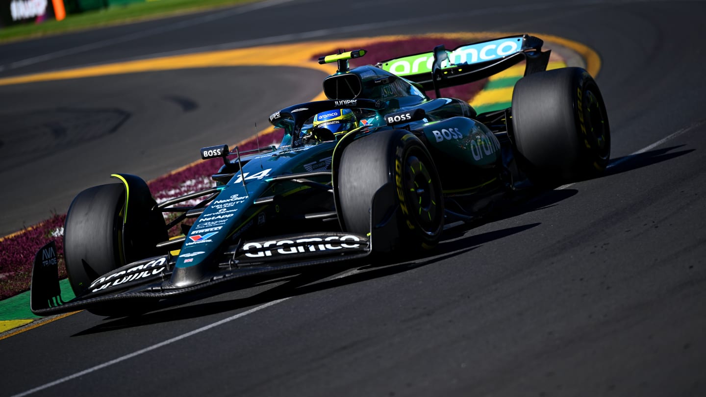 MELBOURNE, AUSTRALIA - MARCH 24: Fernando Alonso of Spain driving the (14) Aston Martin AMR24