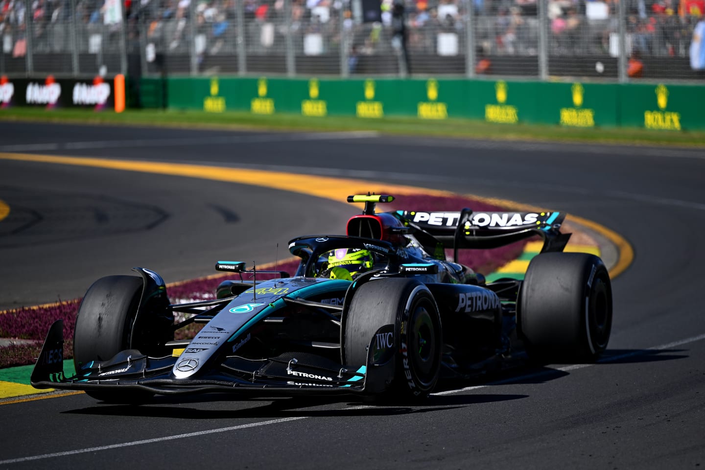 MELBOURNE, AUSTRALIA - MARCH 24: Lewis Hamilton of Great Britain driving the (44) Mercedes AMG