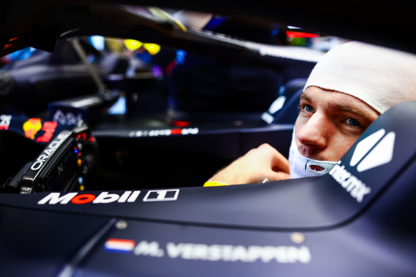 MELBOURNE, AUSTRALIA - MARCH 22: Max Verstappen of the Netherlands and Oracle Red Bull Racing prepares to drive in the garage during practice ahead of the F1 Grand Prix of Australia at Albert Park Circuit on March 22, 2024 in Melbourne, Australia. (Photo by Mark Thompson/Getty Images)
