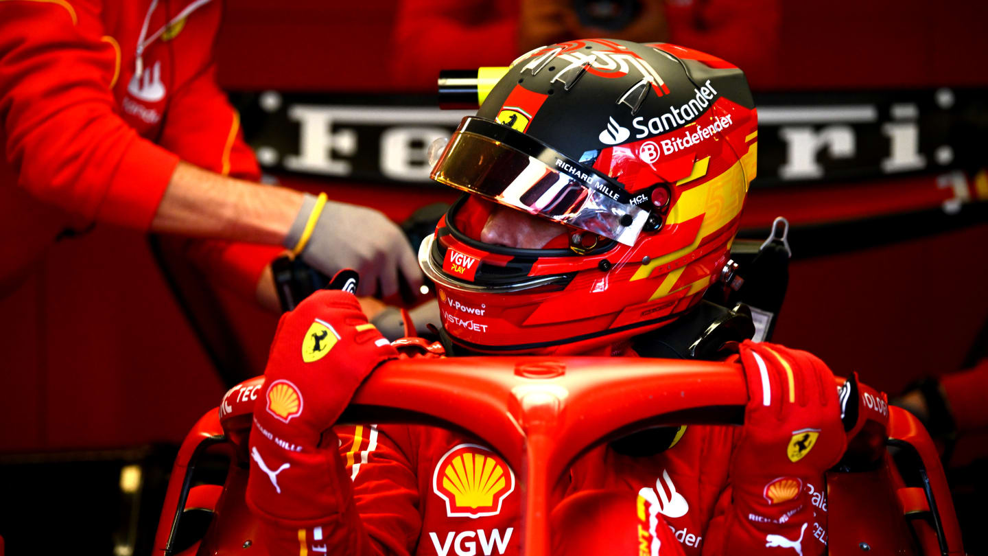 MELBOURNE, AUSTRALIA - MARCH 22: Carlos Sainz of Spain and Ferrari prepares to drive in the garage during practice ahead of the F1 Grand Prix of Australia at Albert Park Circuit on March 22, 2024 in Melbourne, Australia. (Photo by Clive Mason - Formula 1/Formula 1 via Getty Images)