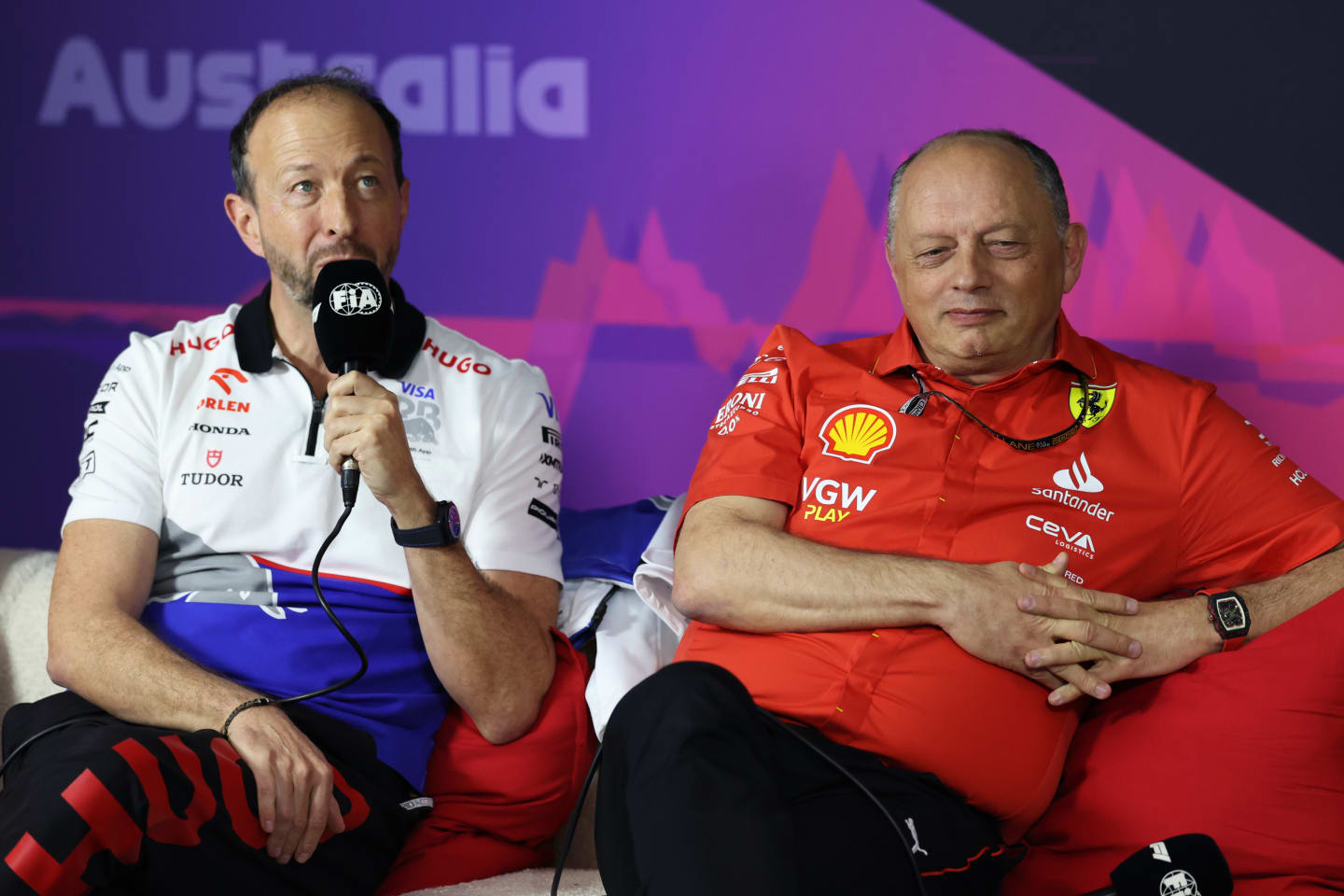 MELBOURNE, AUSTRALIA - MARCH 22: Peter Bayer, CEO of Visa Cash App RB and Ferrari Team Principal Frederic Vasseur attend the Team Principals Press Conference during practice ahead of the F1 Grand Prix of Australia at Albert Park Circuit on March 22, 2024 in Melbourne, Australia. (Photo by Robert Cianflone/Getty Images)