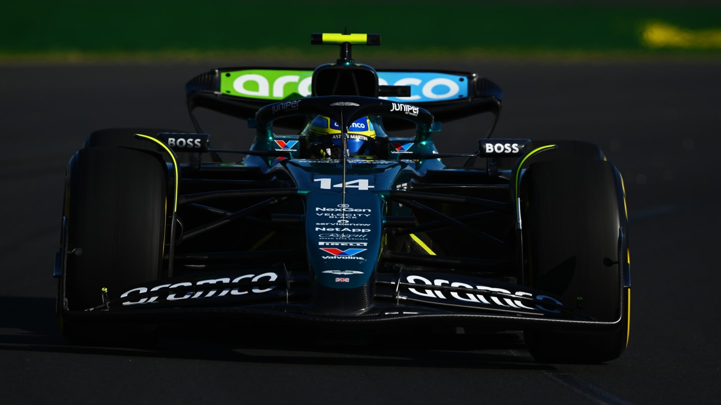 MELBOURNE, AUSTRALIA - MARCH 22: Fernando Alonso of Spain driving the (14) Aston Martin AMR24 Mercedes on track during practice ahead of the F1 Grand Prix of Australia at Albert Park Circuit on March 22, 2024 in Melbourne, Australia. (Photo by Clive Mason - Formula 1/Formula 1 via Getty Images)