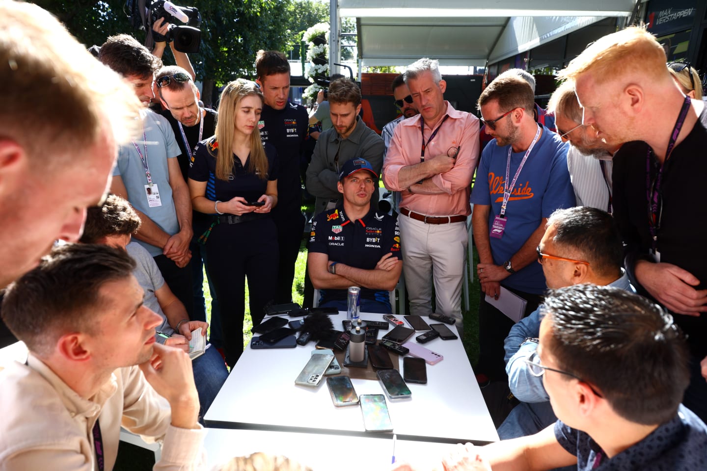 MELBOURNE, AUSTRALIA - MARCH 21: Max Verstappen of the Netherlands and Oracle Red Bull Racing talks