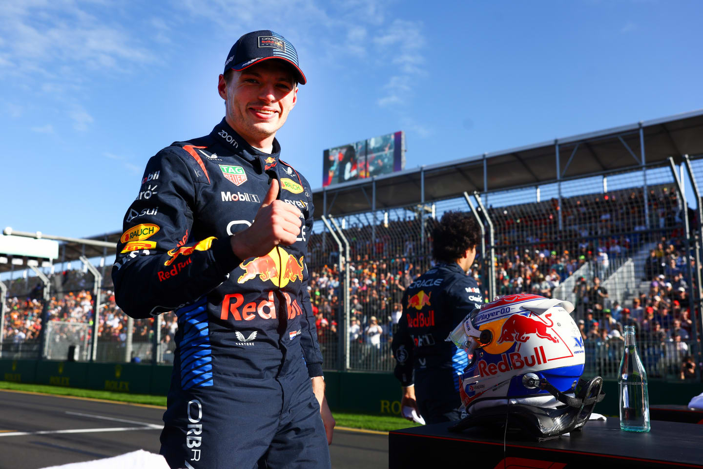 MELBOURNE, AUSTRALIA - MARCH 23: Pole position qualifier Max Verstappen of the Netherlands and Oracle Red Bull Racing celebrates in parc ferme during qualifying ahead of the F1 Grand Prix of Australia at Albert Park Circuit on March 23, 2024 in Melbourne, Australia. (Photo by Mark Thompson/Getty Images)