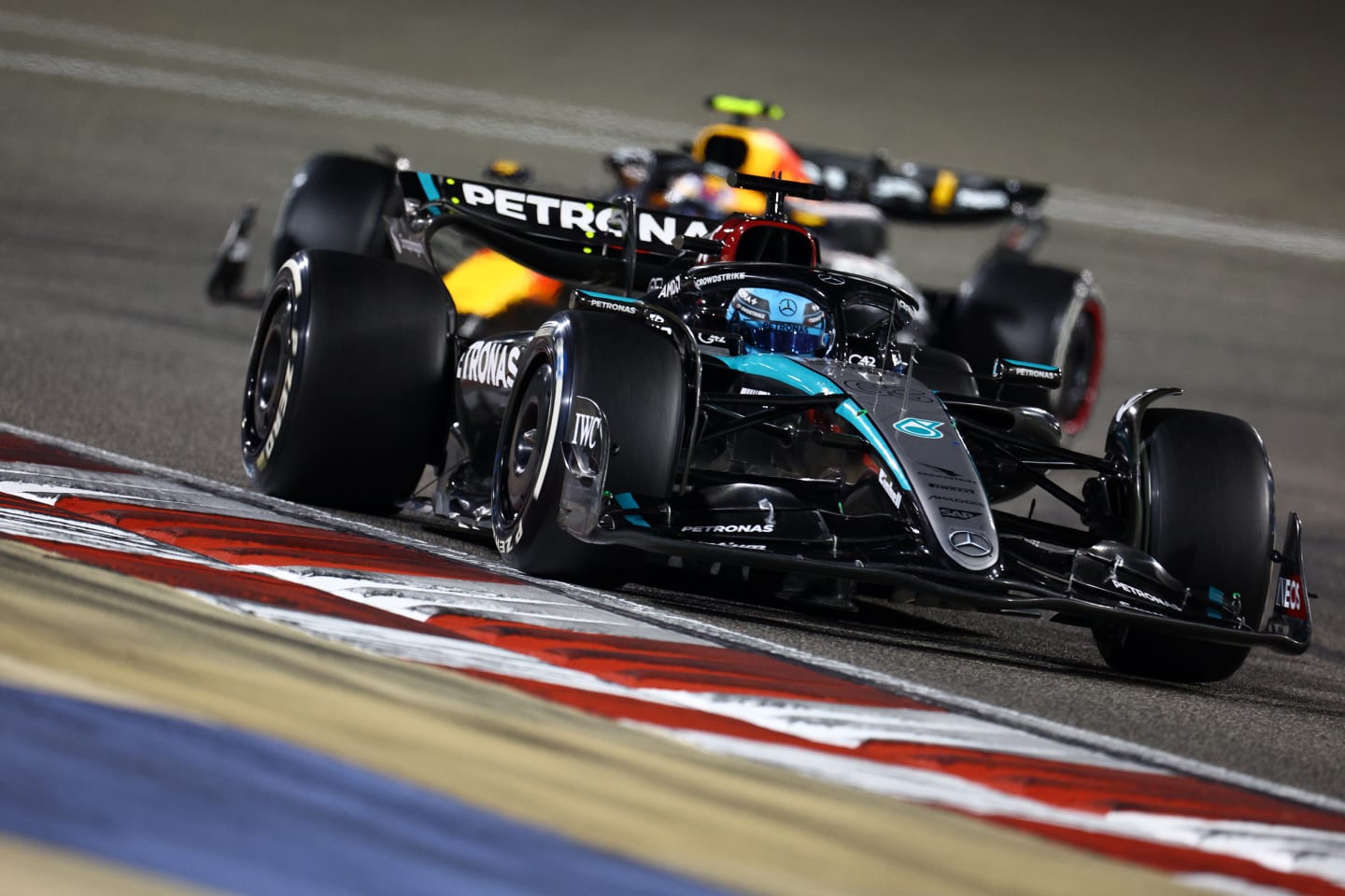 BAHRAIN, BAHRAIN - MARCH 02: George Russell of Great Britain driving the (63) Mercedes AMG Petronas F1 Team W15 on track during the F1 Grand Prix of Bahrain at Bahrain International Circuit on March 02, 2024 in Bahrain, Bahrain. (Photo by Clive Rose/Getty Images)