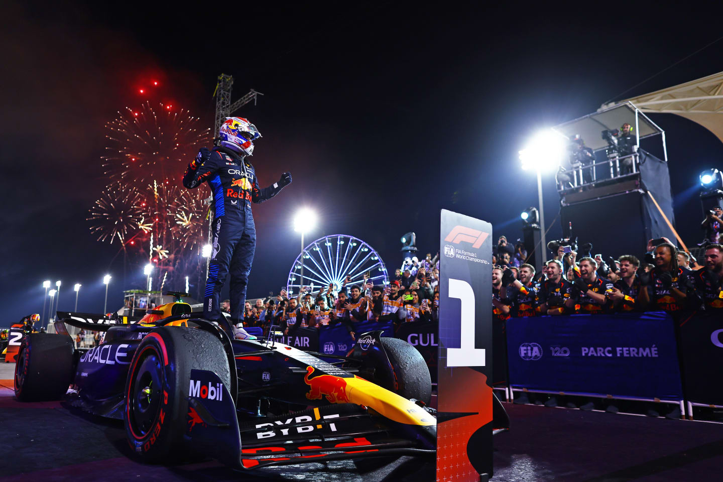 BAHRAIN, BAHRAIN - MARCH 02: Race winner Max Verstappen of the Netherlands and Oracle Red Bull Racing celebrates in parc ferme during the F1 Grand Prix of Bahrain at Bahrain International Circuit on March 02, 2024 in Bahrain, Bahrain. (Photo by Mark Thompson/Getty Images)