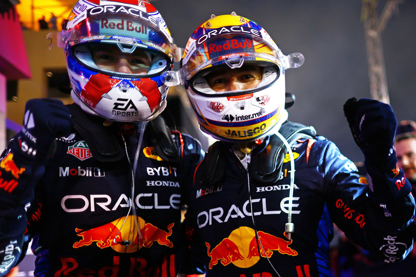 BAHRAIN, BAHRAIN - MARCH 02: Race winner Max Verstappen of the Netherlands and Oracle Red Bull Racing and Second placed Sergio Perez of Mexico and Oracle Red Bull Racing celebrate in parc ferme during the F1 Grand Prix of Bahrain at Bahrain International Circuit on March 02, 2024 in Bahrain, Bahrain. (Photo by Mark Thompson/Getty Images)