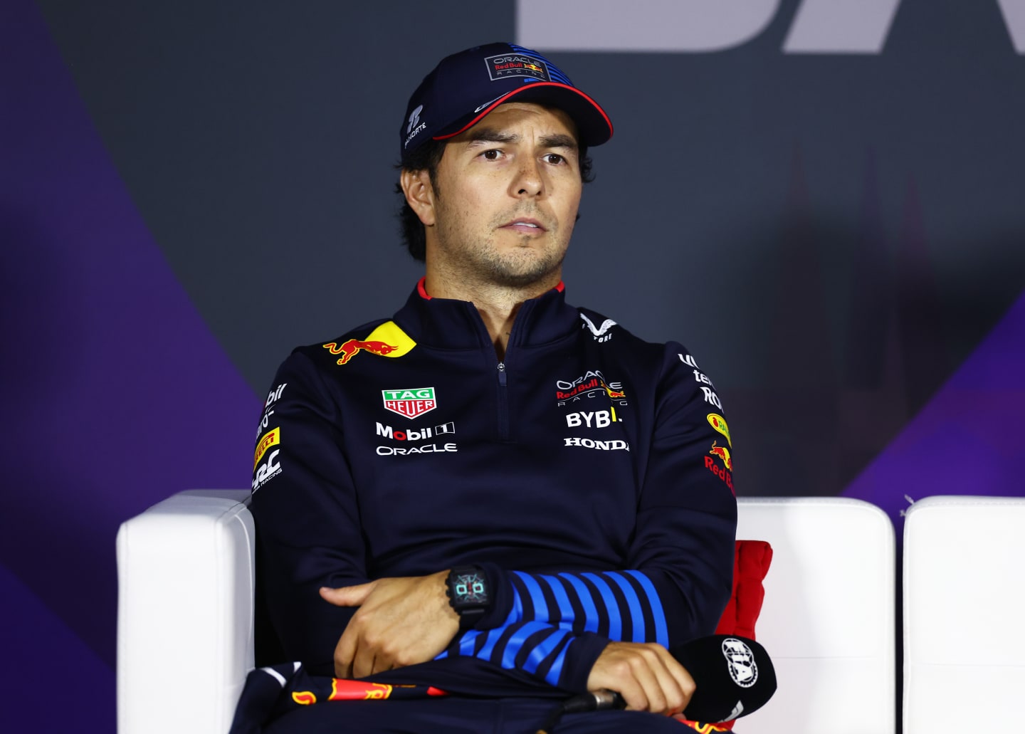 BAHRAIN, BAHRAIN - MARCH 02: Second placed Sergio Perez of Mexico and Oracle Red Bull Racing talks